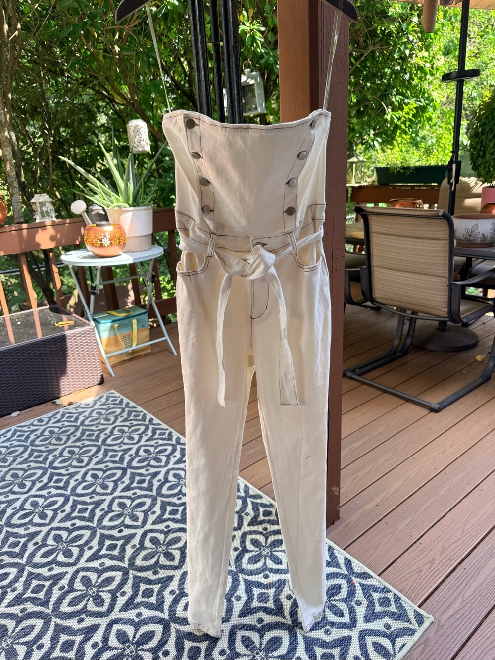 Blue Blush Cream Strapless Belted Jumpsuit